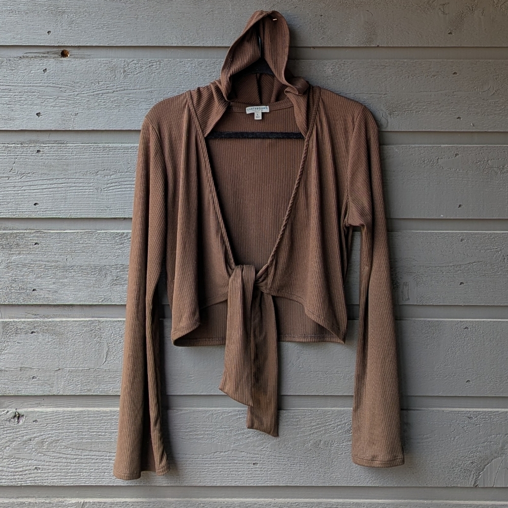 Earthbound Espresso Brown Ribbed Stretch Crop Tie Front Top Bell Sleeves Large